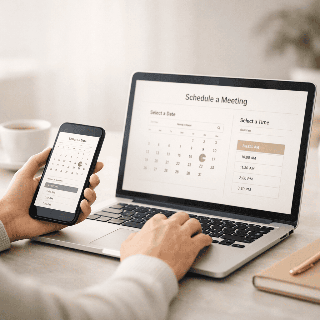 Plánování online schůzky na notebooku a mobilu.