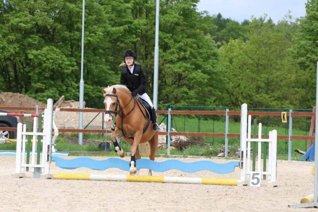 Skoky přes překážky na jezdecké aktivitě v Harmony Javorník.